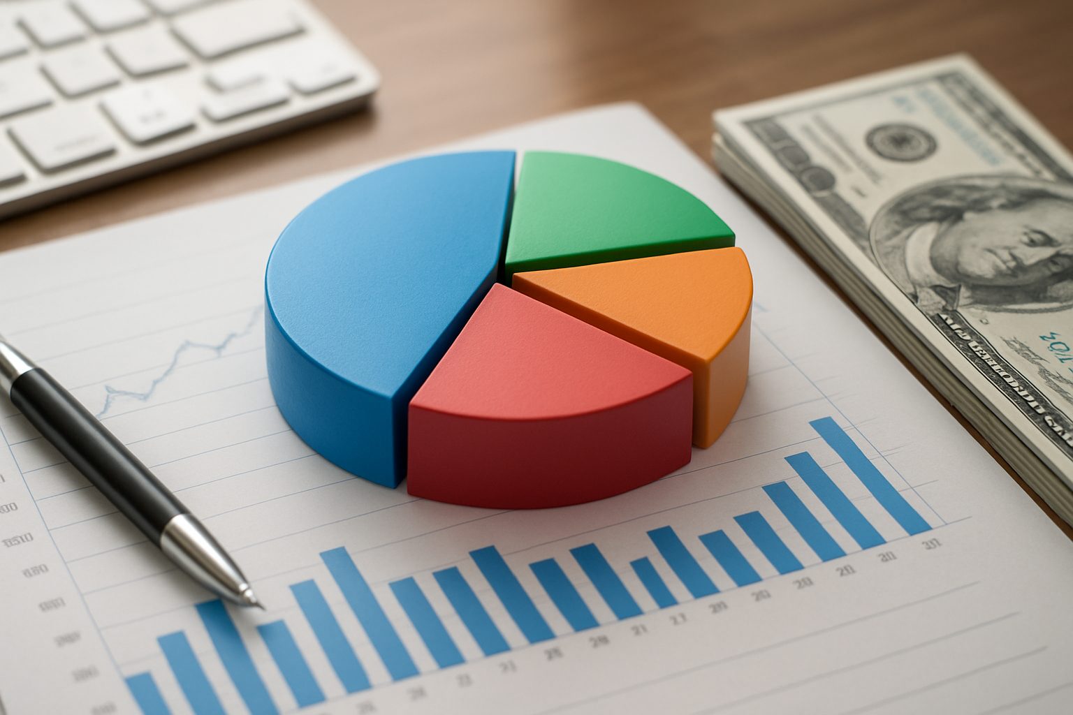 A pie chart and bar graph on a desk next to a stack of money