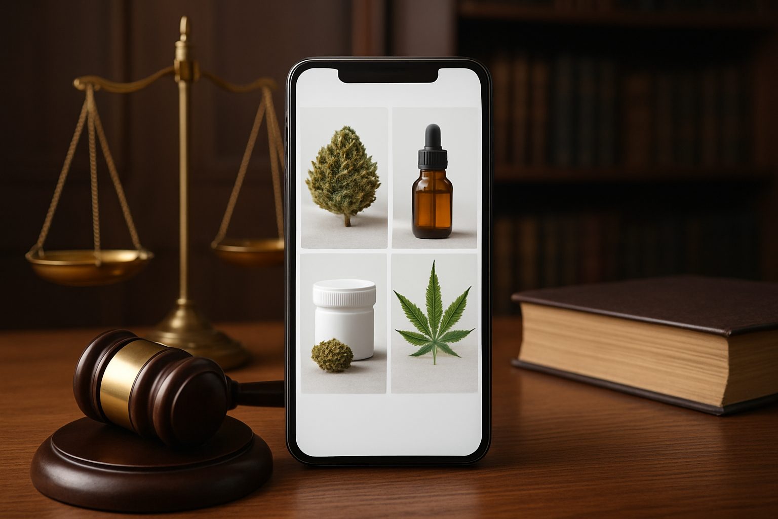 A smartphone displaying various cannabis products, with a gavel and legal scales in the background, suggesting a legal c