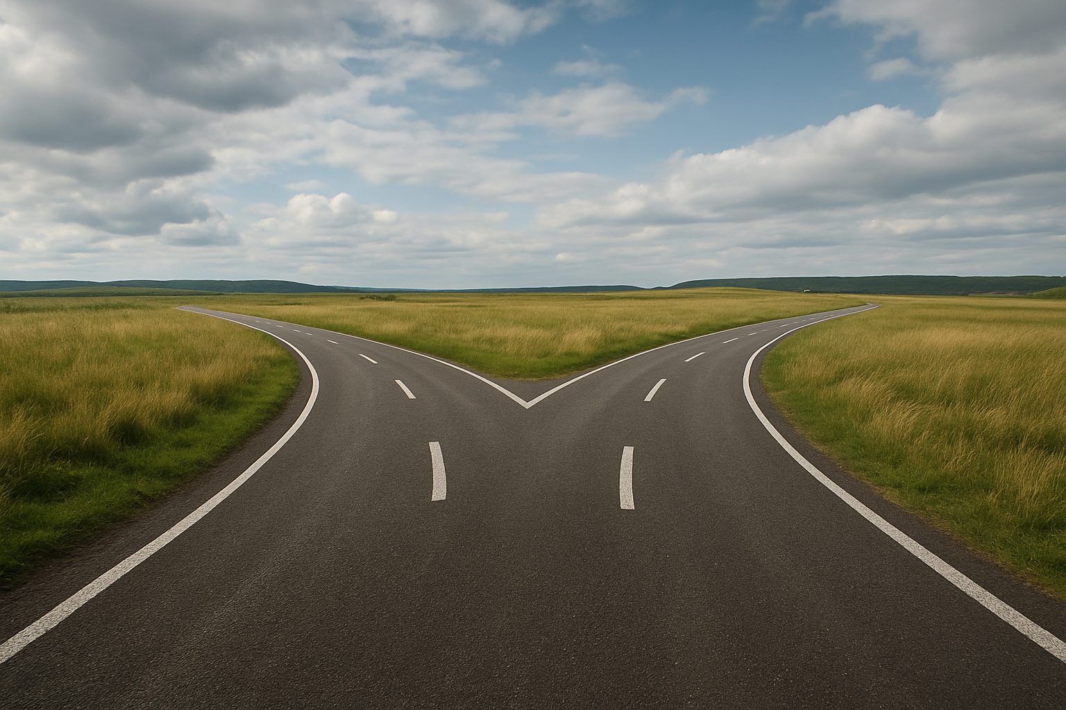A fork in the road surrounded by grassy fields under a cloudy sky